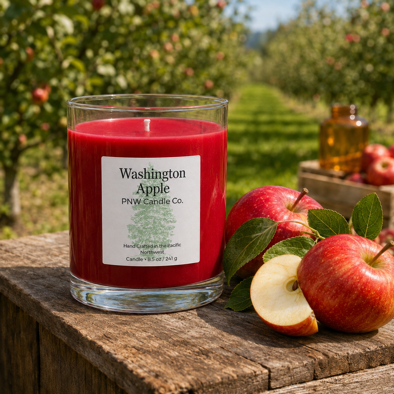 Washington Apple scented candle by PNW Candle Co with red wax and fresh apples in a Washington orchard.