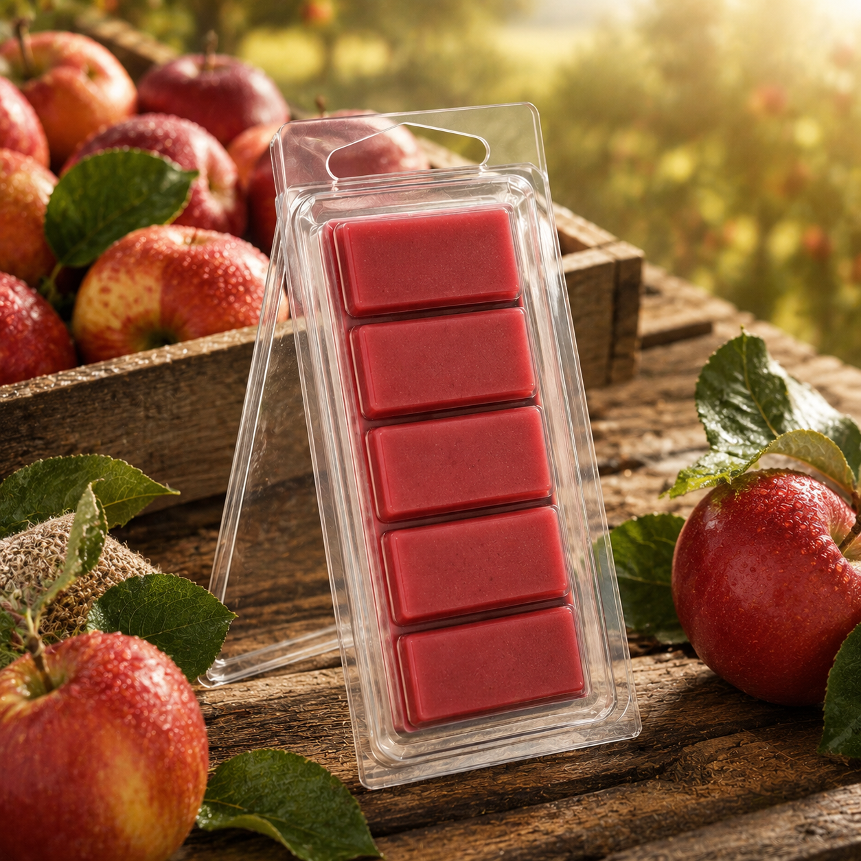 Washington Apple five-section Snapbar wax melt in a clear hinged container in a Pacific Northwest orchard