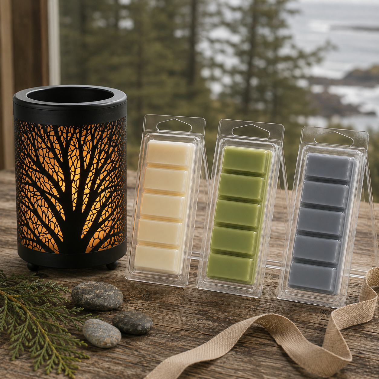 Wax Melt Starter Gift Set with Forest Design electric warmer and three PNW Candle Co Snap Bars.